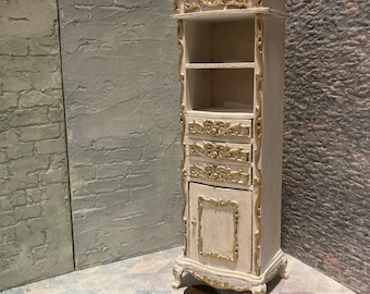 Miniature doll house cupboard drawers shelves shelf mini French Louis wood vintage antique 1 inch 12 scale shabby bedroom furniture fancy