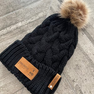 Personalized Leather Patch Pom Pom Beanies, Logo Beanie