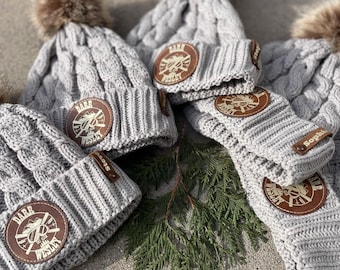 Personalized Leather Patch Pom Pom Beanie: Custom Logo Winter Hat
