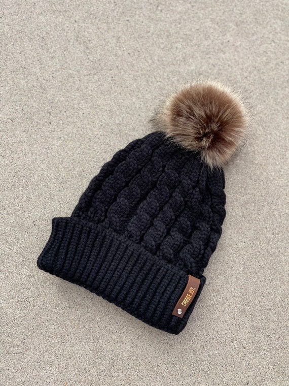 Personalized Leather Beanies Cable Knit Beanie With Pom |