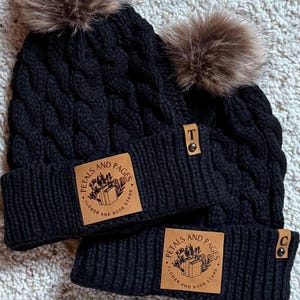 Leather Patch Pom Beanies | Custom Logo Beanie, Personalized Leather Patches, Branded Beanies, Personalized Beanies, Corporate Gift Hats image 4