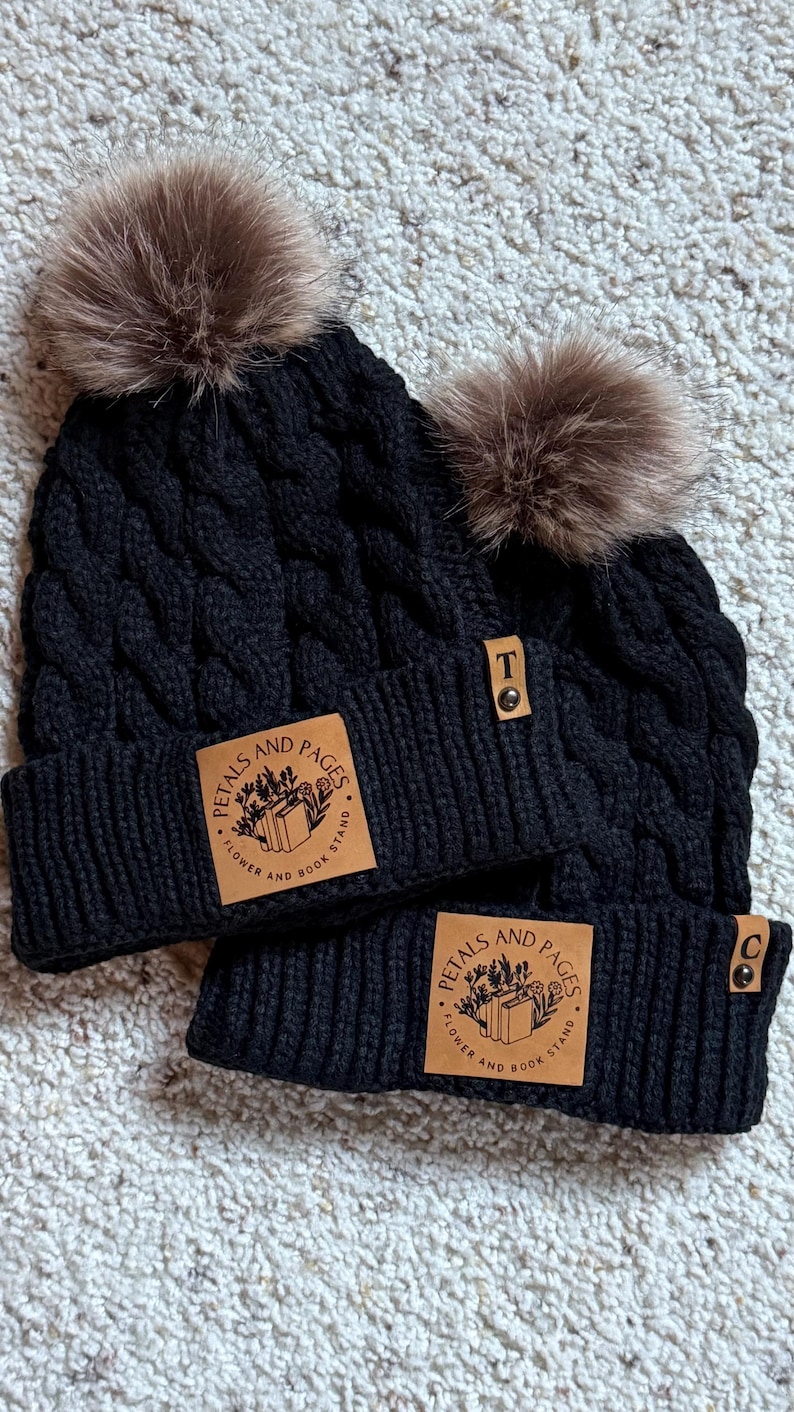 Leather Patch Pom Beanies | Custom Logo Beanie, Personalized Leather Patches, Branded Beanies, Personalized Beanies, Corporate Gift Hats image 4