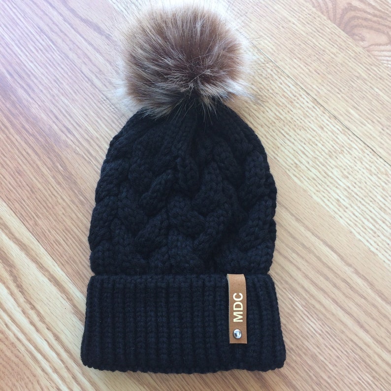 Personalized Leather Patch Beanies Braided Beanie With Pom Etsy
