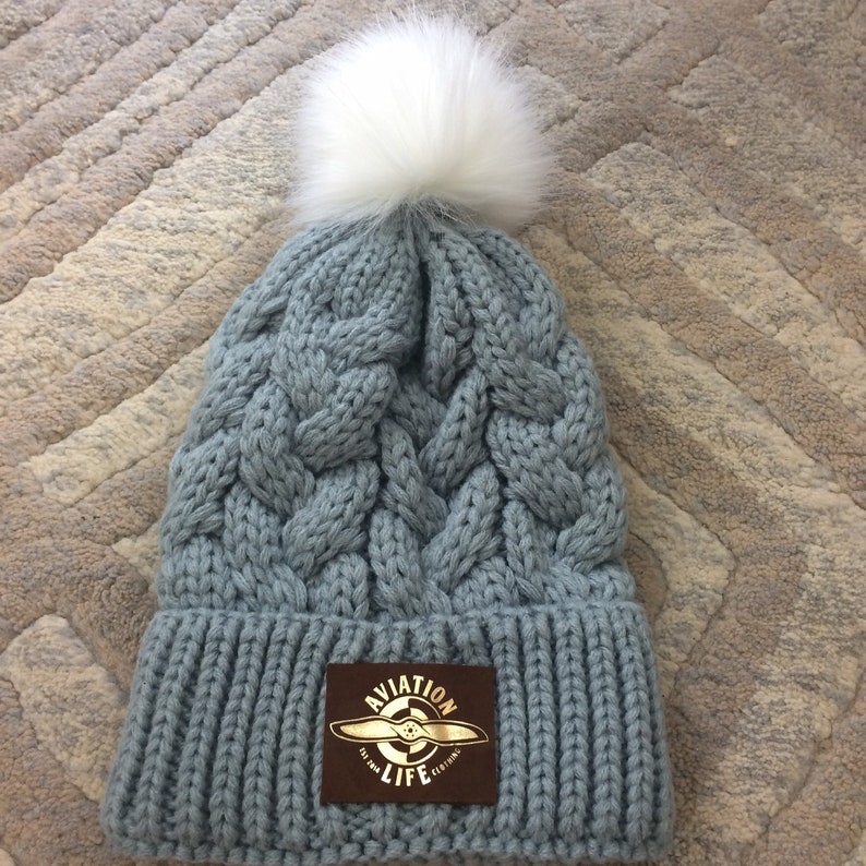 Personalized Leather Patch Beanies Braided Beanie with Pom Etsy