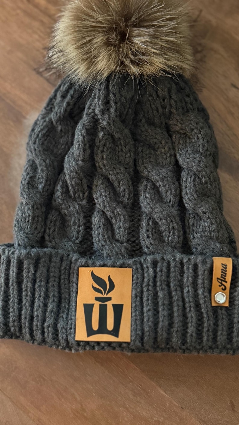 Leather Patch Pom Beanies | Custom Logo Beanie, Personalized Leather Patches, Branded Beanies, Personalized Beanies, Corporate Gift Hats image 3