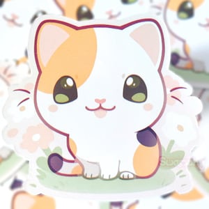 Autocollant floral en vinyle avec un chat en calicot | autocollants chat, imperméables, autocollants mignons, décalcomanies, kawaii, iphone, bouteille d&#39;eau, ordinateur portable, bujo, kindle kobo