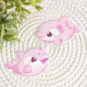 SAKURA ORCA Vinyl Aufkleber | wasserfest, süsse Sticker, Killerwal, Kirschblüte, rosa, kawaii, Haie, japanisch, Laptop, bujo, kindle