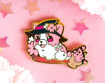 Witch French Bulldog Enamel Pin | Gold Plating | Kawaii Pastel Pink Floral Dog