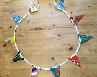 Can bunting, soda can bunting, metal garland, rainbow bunting, quirky garlands, eco decor, drinks can flags, repurposed tin bunting