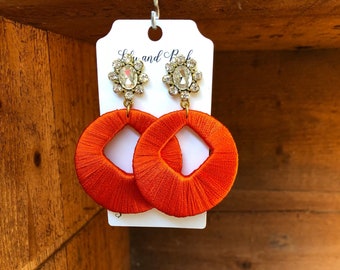 Orange silk rhinestone stud earrings