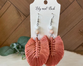 Coral blush macrame feather earrings