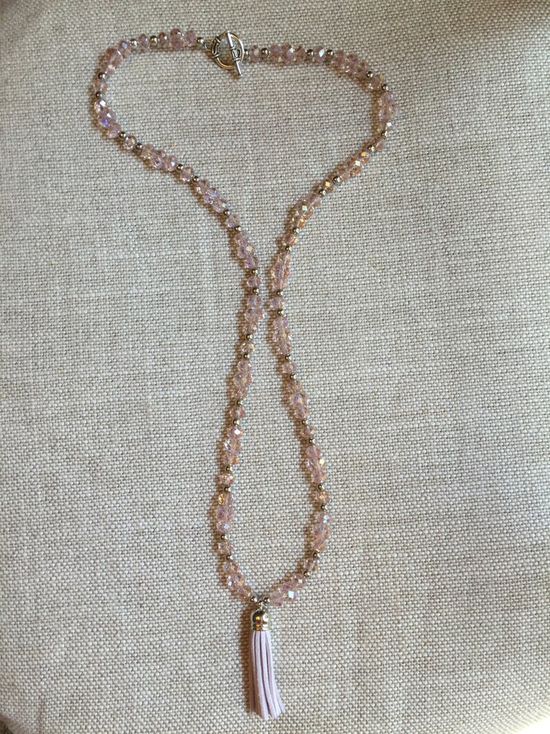 Light pink crystal tassel necklace