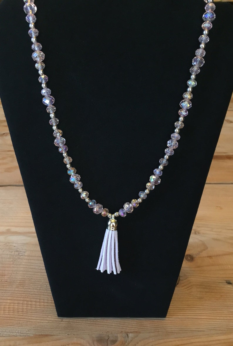 Light pink crystal tassel necklace
