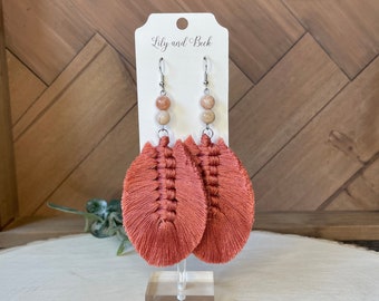 Terracotta macrame feather earrings