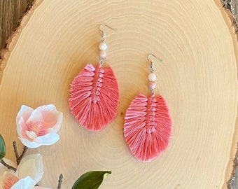 Light pink macrame feather earrings