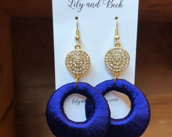 Blue silk wrap earrings - gold sparkly