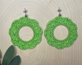 Line green crochet hoop earrings