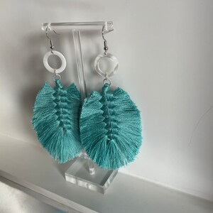 Teal macrame feather earrings