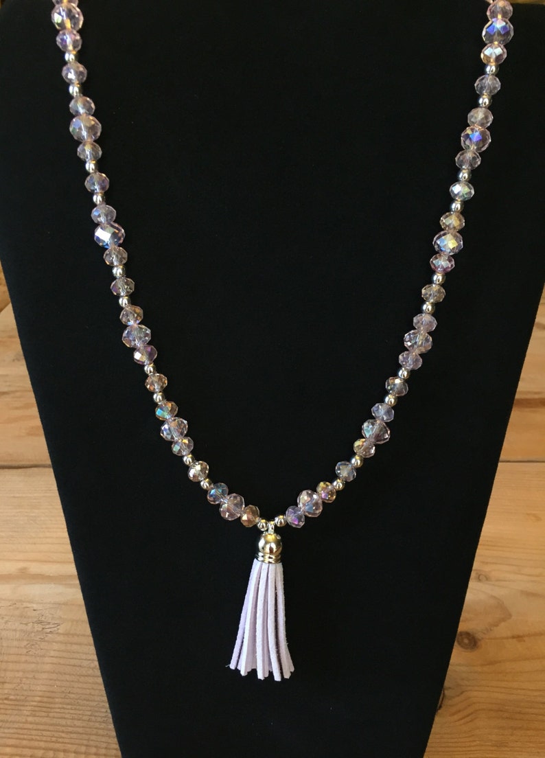 Light pink crystal tassel necklace