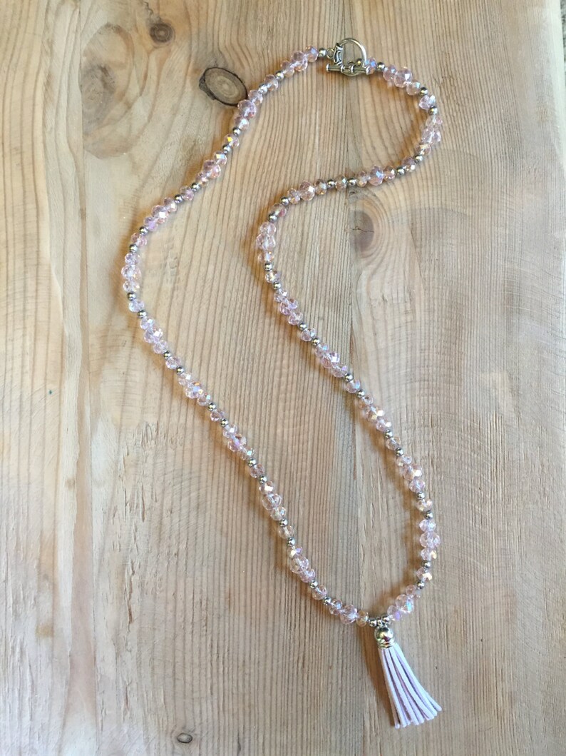Light pink crystal tassel necklace