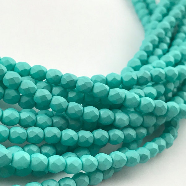 4mm Matte Teal Turquoise Saturated Fire Polished Czech Glass Faceted Round Beads, 50 Pieces