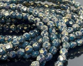 4mm, Full Strand Czech Glass Beads Rounds 50 Fire Polish Faceted OPAQUE TURQUOISE
