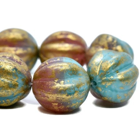 Delicious Chunky Watermelon Czech Glass Melon Beads, Teal Blue and Du…