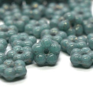 5mm Forget-Me-Not Medium Blue Green Turquoise with Gold Finish Czech Glass Daisy Spacer Beads, Full 50 Piece Strand