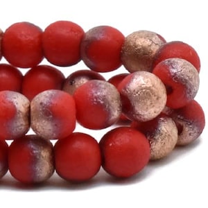 4mm Round Druk Red with Etched and Matte Copper Finish Round Czech Glass Beads, 50 beads