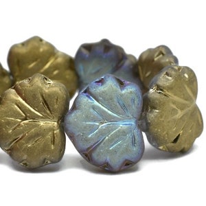 11x13mm Maple Leaf Transparent Glass with Matte, AB, and Gold Finishes Czech Glass Beads,  20 Beads