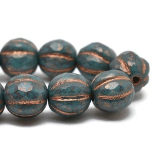 8mm Faceted Melon Teal with Bronze Finish and Copper Wash Round Fire Polished Czech Glass Beads, 20 Beads