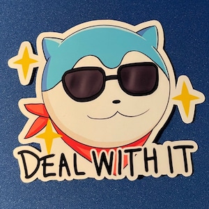 Puede incluir: Un personaje de dibujos animados azul y blanco con gafas de sol y un pañuelo rojo con el texto "DEAL WITH IT".
