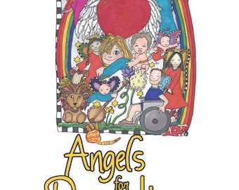 May include: A book cover titled Angels for Dreamtime by Rabbi Geela Rayzel Raphael with illustrations by Susan Cathcart and Marilyn Kane. The colorful drawing features a large red heart, angels, a lion, and a person in a wheelchair.