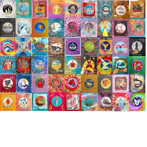 May include: A collection of colorful, square art prints with various designs, including celestial bodies, abstract patterns, and Hebrew text. The prints feature a mix of vibrant colors and intricate details, creating a visually rich display.