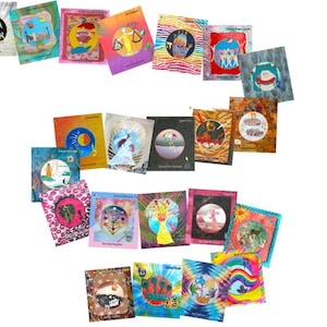 May include: A collection of colorful, square art prints with various illustrations and designs. The prints feature images of figures, celestial bodies, and abstract patterns, with a variety of colors and styles. The prints are arranged in a circular pattern.