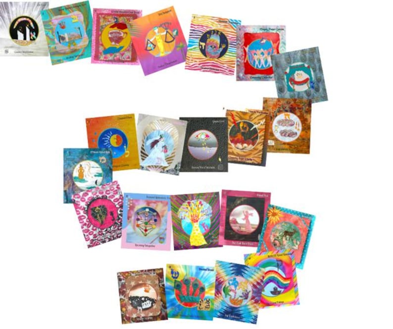 May include: A collection of colorful, square art prints with various illustrations and designs. The prints feature images of figures, celestial bodies, and abstract patterns, with a variety of colors and styles. The prints are arranged in a circular pattern.