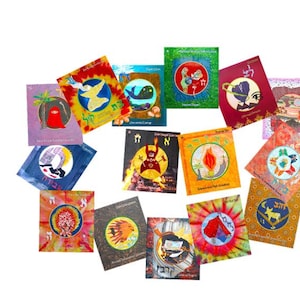 May include: A collection of colorful, square-shaped cards with various illustrations and Hebrew text. The designs include images of birds, whales, flames, and abstract patterns, set against backgrounds of tie-dye, solid colors, and geometric shapes. The cards are arranged in a circular pattern.