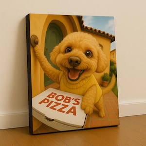 Funny Pizza Delivery Cat Portrait – Custom Pet Photo into Hilarious Cartoon | Printable Digital Download