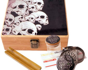 Large Size Geometry Stash Box, 2.5" Zinc Alloy Grinder,  Stash Jar, 6" Rolling Tray - ALL IN ONE Box Package - Skull Design # LBCS020818-6