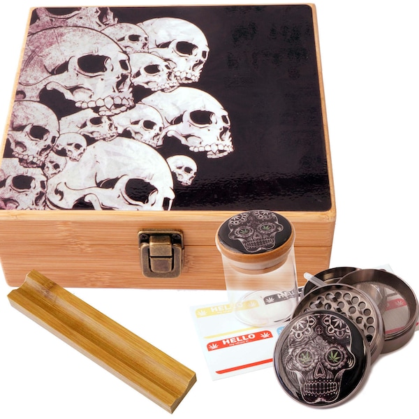 Large Size Geometry Stash Box, 2.5" Zinc Alloy Grinder,  Stash Jar, 6" Rolling Tray - ALL IN ONE Box Package - Skull Design # LBCS020818-6