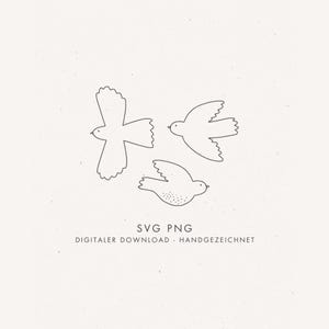 May include: Three minimalist line art birds in flight, rendered in black on a cream background. The birds have simple, stylized wings and bodies. The text "SVG PNG DIGITALER DOWNLOAD - HANDGEZEICHNET" is below the birds.
