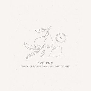 May include: Line drawing of pears on a branch with leaves and a pear slice. The words "SVG PNG" and "DIGITALER DOWNLOAD - HANDGEZEICHNET" are written below the illustration. The image is on a cream-colored background.