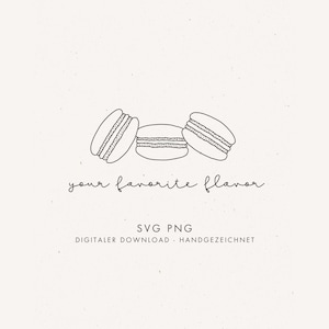 May include: A black and white line drawing of three macarons with the text "your favorite flavor". Below the text are the words "SVG PNG" and "DIGITALER DOWNLOAD - HANDGEZEICHNET". The image is on a cream background.