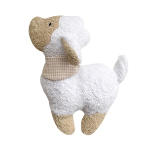 Könnte beinhalten: Ein weißes und braunes Plüschtier in Form eines Hundes. Der Hund hat eine braune Nase, schwarze Augen und ein braunes und weißes kariertes Lätzchen.