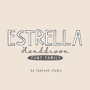 Puede incluir: Un diseño gráfico digital con la palabra "ESTRELLA" en un estilo de fuente dibujado a mano. Debajo, el texto "Handdrawn" y "FONT FAMILY" en gris oscuro. El fondo es de color beige claro.