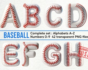 Baseball Alphabet & Doodles: Clipart Set mit PNG Buchstaben, Zahlen, dekorativen Elementen für den kommerziellen Gebrauch