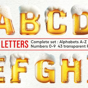 Alfabeto e rabiscos de cerveja: conjunto de clipart com letras PNG, números e elementos decorativos para uso comercial