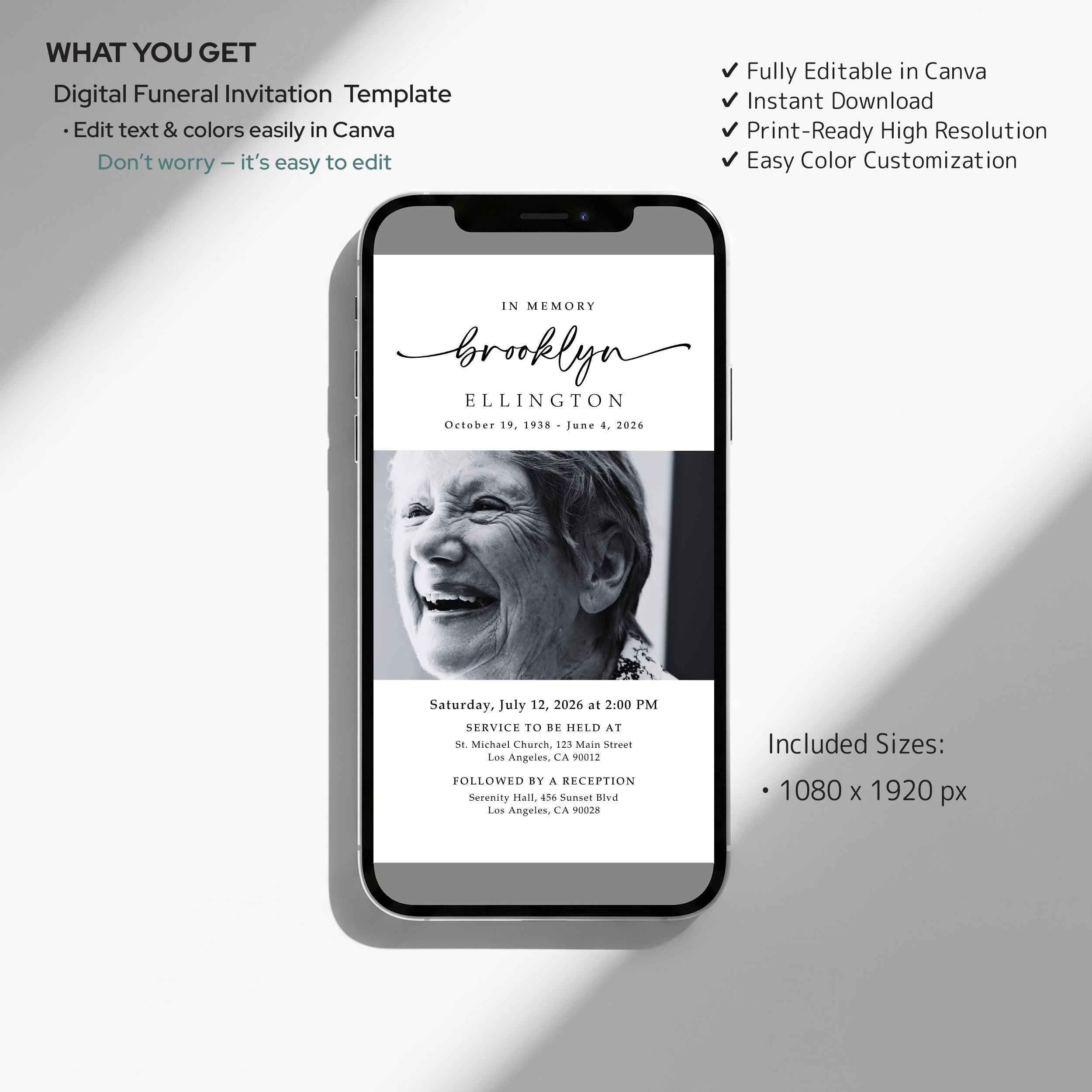 Modern Digital Funeral Invitation Canva Template | in Loving Memory ...