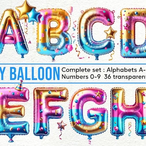 Party Balloon Alphabet & Doodles: Clipart Set with PNG Letters, Numbers, Decorative Elements for Commercial Use