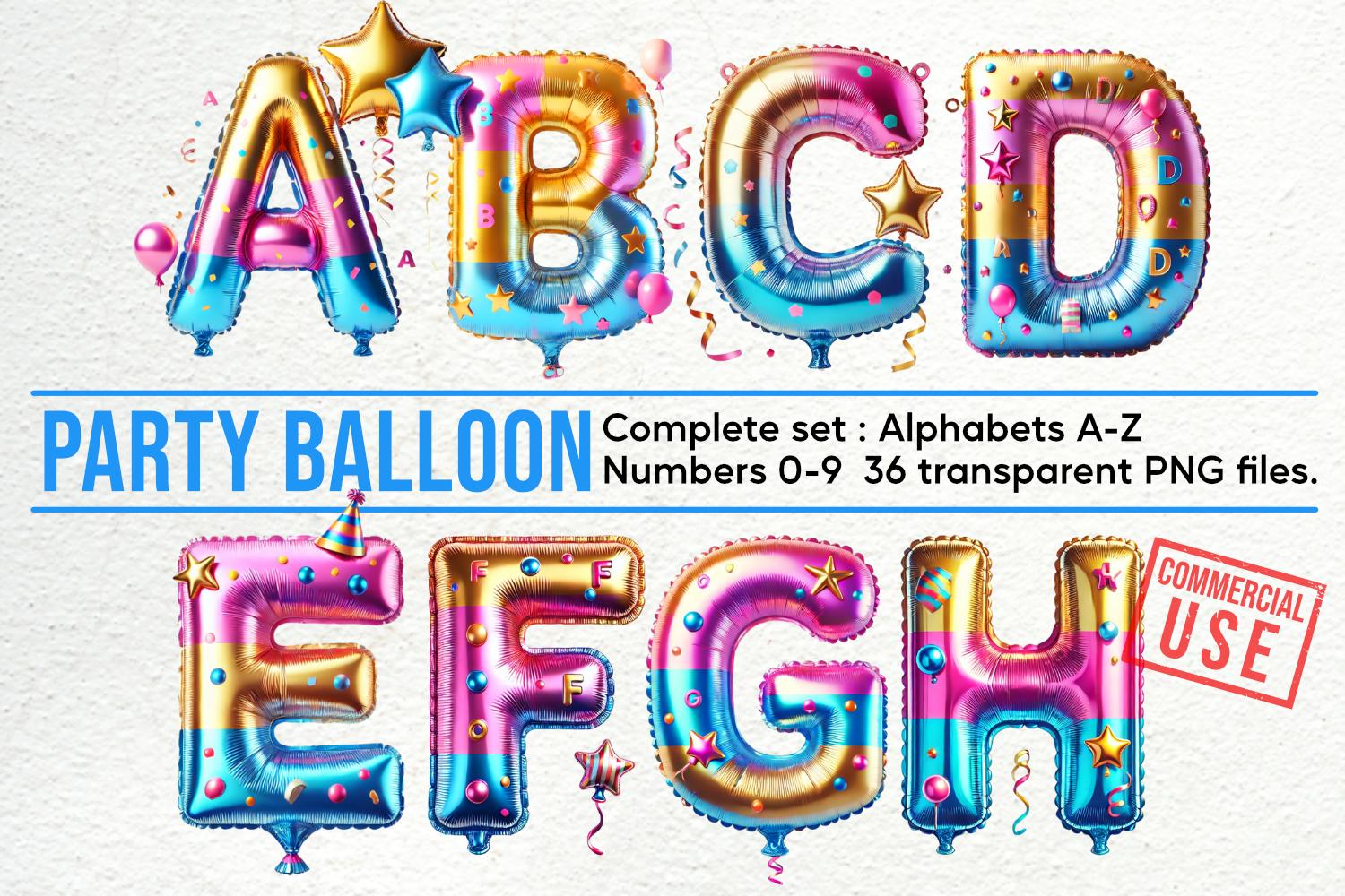 Balão de festa alfabeto e rabiscos: conjunto de clipart com letras PNG, números, elementos decorativos para uso comercial